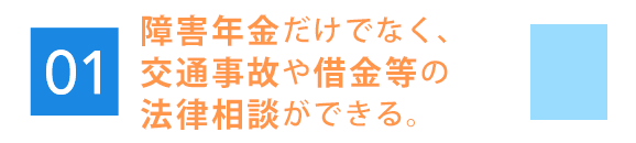 障害年金だけでなく、交通事故や借金等の法律相談ができる。